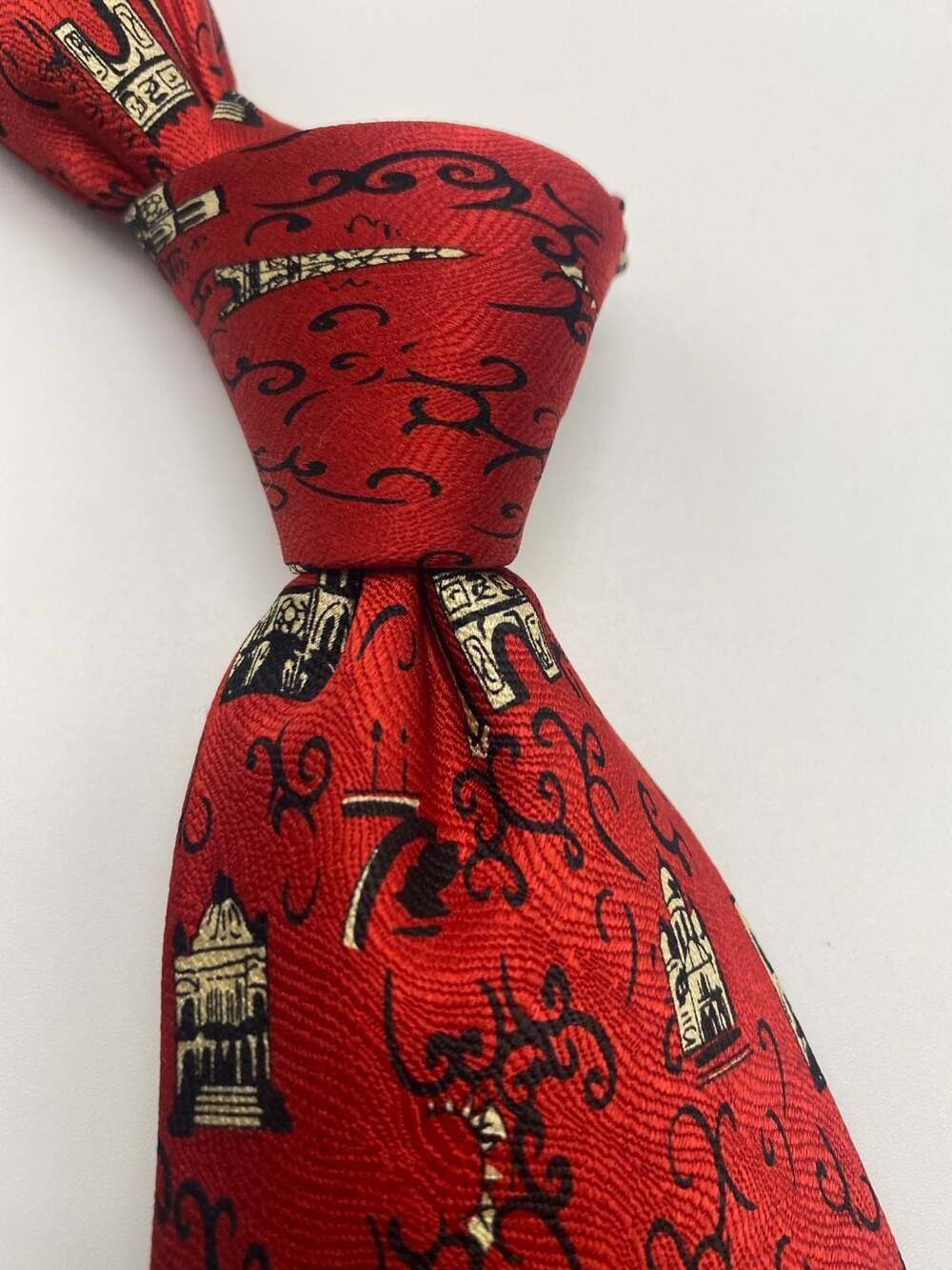 Roger L. Paris 100% Silk Tie Red Gold Parisian Landmarks Motif